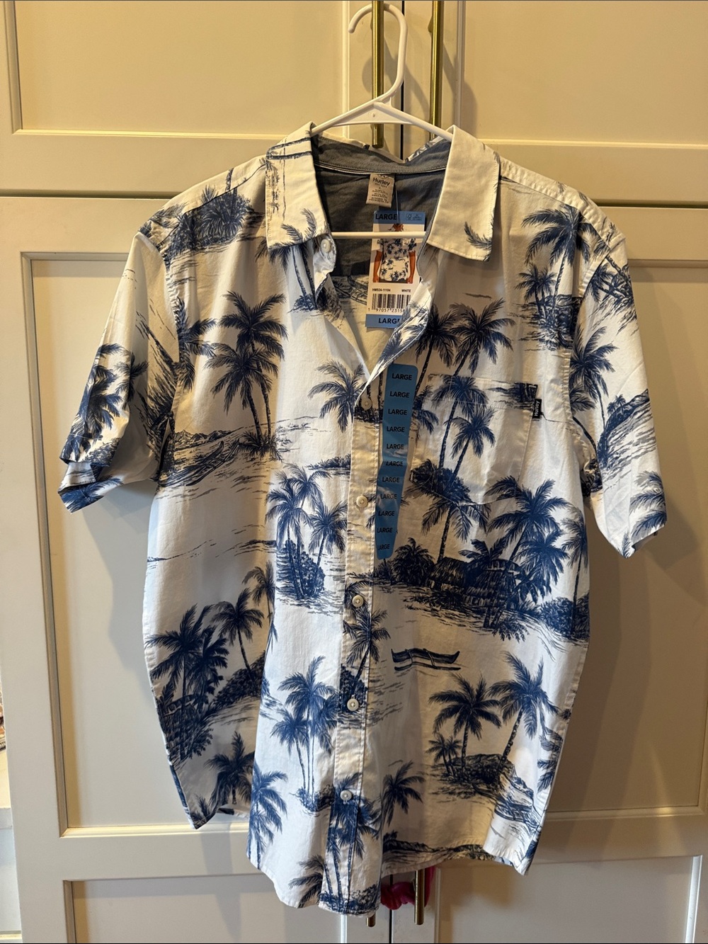 Hurley Men's Blue Palm Print Short-Sleeve Button-Up Shirt